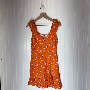 Free People S Orange Floral Mini Dress Ruffle Hem Tie Back Linen Blend Cottage